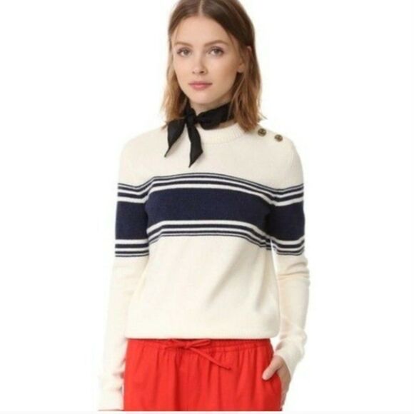 TORY Burch Navy Cream Striped Wool Button Sweater SP - Picture 1 of 9
